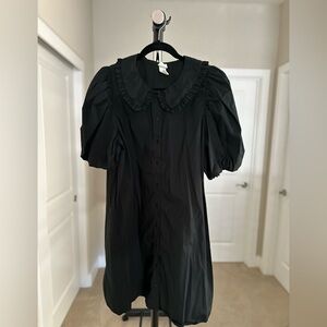 Women’s H&M Black Puff Sleeve Button-Front Dress with Ruffle Collar Size